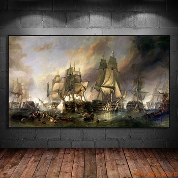 Vintage Yelkenli Yelkenli Manzara Posteri Trafalgar Savaşı Tuval Boyama Duvar sanat resmi Oturma Odası Ev Dekor için