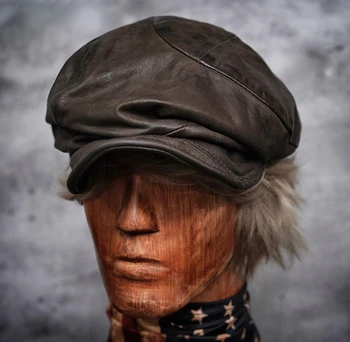 Erkek Bere Şapka Siyah Gri Deri Sıcak Tutmak Sonbahar Kış El Yapımı Vintage Doruğa Kap Unisex