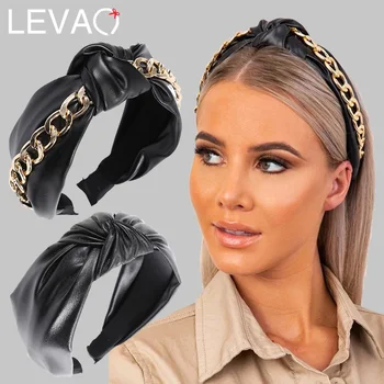 Levao Moda Altın Zincirler PU Deri Saç Bantları Hoop Kadınlar İçin Üst Düğümlü Punk Kafa Bandı Türban Hairband Kızlar saç aksesuarları
