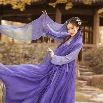 Çin Geleneksel Hanfu Kadın Mor Pırıltılı Zarif Peri Halk Performans Giyim Peri Tarzı Büyük askı elbise