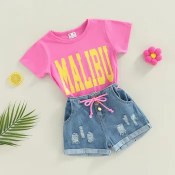 Küçük Kızlar 2 ADET Şort Setleri, Kısa Kollu Ekip Mektup T-Shirt, Yırtık Yıpranmış Sapanlar Düğmeler Kısa kot Pantolon, yaz kıyafetleri