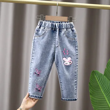 DIIMUU Bebek Çocuk Kız Dipleri Giysileri Moda Karikatür Kot Denim uzun pantolon Sıcak Satış Slim Fit Pantolon 1-5 Yıl Çocuk