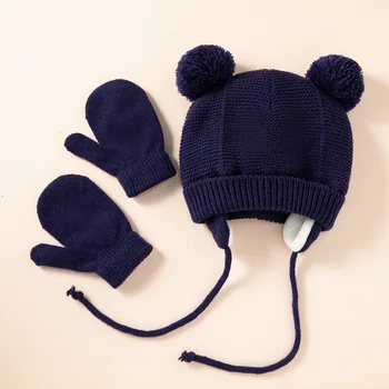 1-2 adet Yeni Kış Bebek Şapka Bere Bonnet Erkek Kız örgü bere Ponponlar Yenidoğan Aksesuarları Sıcak Kulak Şeyler Çocuklar Şapka Eldiven Seti