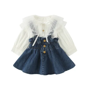 Sonbahar Çocuk Giysileri Moda Kore Dantel Yaka Uzun Kollu Bluz ve Kot Kayış Etek Sevimli Küçük Kız Giyim Seti Kıyafetler