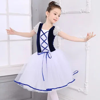 Yeni Romantik Tutu Giselle Kuğu Gölü Balesi Kostümleri Kız Çocuk Uzun Tül Dans Pateni Balerin Elbise Puf Kollu Dantel Elbise