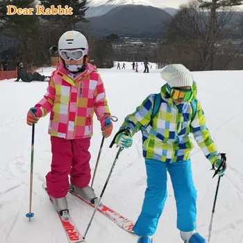 -30 derece Kış Çocuk Kayak Takım Elbise Rüzgar Geçirmez Sıcak Kız Giyim Seti Ceket + Tulum Erkek Giysileri 3-16 Yıl Çocuklar Kar Takım Elbise