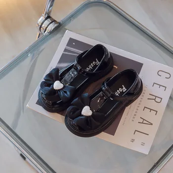 2022 Sonbahar Çocuk deri ayakkabı Bej Beyaz Siyah Moda İlmek Prenses Ayakkabı Kızlar Çocuklar için tek ayakkabı Chaussure Fille 2-11T