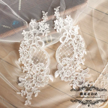 2 Adet 27X11 cm Fildişi Ucuz Narin Düğün Baş Süsleri Dantel Aplike Dikiş Dantel Trim Elbise DIY