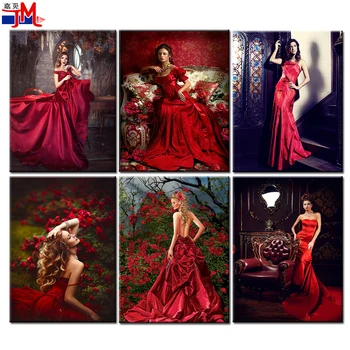 Tam Kare Yuvarlak Matkap 5D DİY Elmas Boyama Kırmızı Elbise Kadın Elmas Nakış Fantezi Kadın Mozaik El Sanatları Ev dekorasyonu