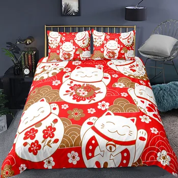 Lüks Ev Tekstili Japon Kiraz Çiçekleri Tarzı 2/3 adet Kraliçe Kral Tam Boy Yatak Seti Kırmızı Şanslı Kedi Polyester Nevresim kapak