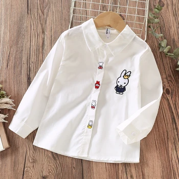 Çocuk Beyaz Bluzlar Kızlar için Okul Gömlek Bebek Genç Çocuk Giysileri Uzun Kollu Kıyafetler Tavşan pamuklu üst giyim 1 2 4 5 6 7 8 Yıl