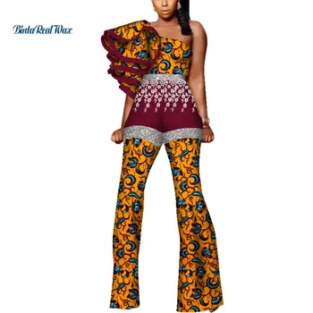 Afrika Baskı Romper Tulum Kadınlar için Dashiki Ankara Riche Pamuk Uzun Romper Bir Omuz Afrika Kadın Giyim WY3495