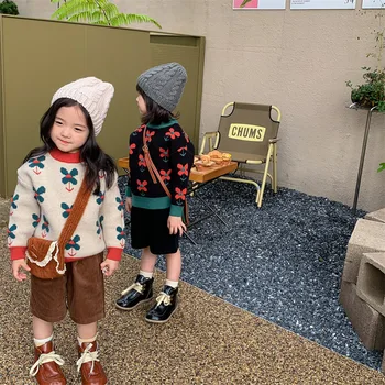 Kız Kazak Sonbahar ve Kış Kore Versiyonu çocuk giyim Retro Çiçek Kazak Kalınlaşmış Dış Kazak Kazak