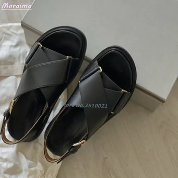Kemer Tokası Çapraz Kayış Roma Sandalet Deri Düz Geri Kayış Burnu açık Siyah Düz Renk Rahat Kadın Ayakkabı Yaz Yeni