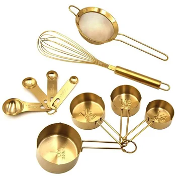 10 Parça Altın Pişirme alet takımı, Paslanmaz Çelik pişirme kapları-ölçüm kaşıkları ve kap seti Çırpma Teli Süzgeç