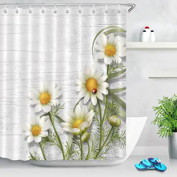 Beyaz Papatyalar Çiçekler Duş Perdeleri Mildewproof Kumaş Çiçek Ahşap Doku Baskı Kumaş Banyo Dekor banyo perdesi Kanca ile