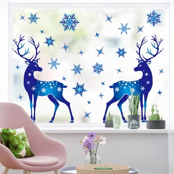 2022 Noel DIY Dekor Noel Mavi Elk Statik Sticker Duvar pencere camı Ev Dekorasyon Navidad Noel Mutlu Yeni Yıl 2023