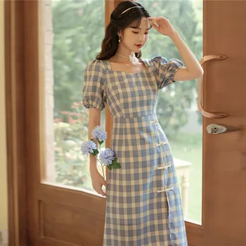 Mavi Ekose Cheongsam Puf Kollu Çin Ulusal Elbise Yaz Ince Kostümleri Kare Boyun Qipao XXL S