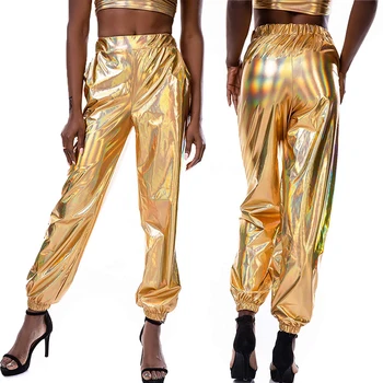 Kadın Pürüzsüz Yansıtıcı Kadınlar Yüksek Bel Metalik Parlak Jogger Rahat Holografik Renk Moda Streetwear Pantolon