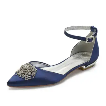Sivri burun D ' Orsay saten abiye ayakkabı ayak bileği kayışı daireler kristal rhinestone zarif düz sandalet gelin düğün