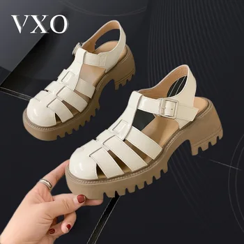 VXO Domuz Kafesi Ayakkabı Yaz Kadın Sandalet Hakiki Deri Roma Sandalet Bayanlar Retro Hollow Dokuma Kadın Sandalet