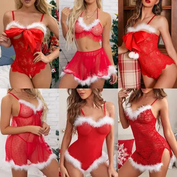 Seksi İç Çamaşırı Noel Kostümleri Kırmızı Dantel Peluş Nightie Pijama Kadınlar İçin Cosplay Seks İç Çamaşırı Erotik Babydoll Elbise Hediyeler