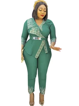 Afrika Giysi Kadın 2 Parça Set Elmas İle 3/4 Kollu Üstler ve Pantolonlar Takım Elbise 2022 Moda Yeni Katı Afrika Ofis Bayan Kıyafetleri