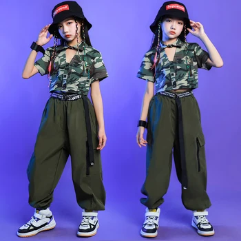 Çocuklar Hip Hop Giyim Kpop Kıyafetler Camo Kırpma Tankı Gömlek Üstleri Kargo Pantolon Kızlar İçin Caz Dans giyim Kostüm Genç Rave Giyim