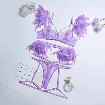 2022 Yaz Tüyleri iç çamaşırı seti Kadın 3 Adet Narin İç Çamaşırı Seksi Şeffaf Dantel Sutyen Seti Zinciri ile Lüks Erotik Setleri