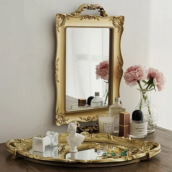 Avrupa Vintage Ayna Depolama Tepsisi Dikdörtgen Oval Takı Ekran Makyaj Organizatör meyve tabağı Antika Tepsileri Dekoratif
